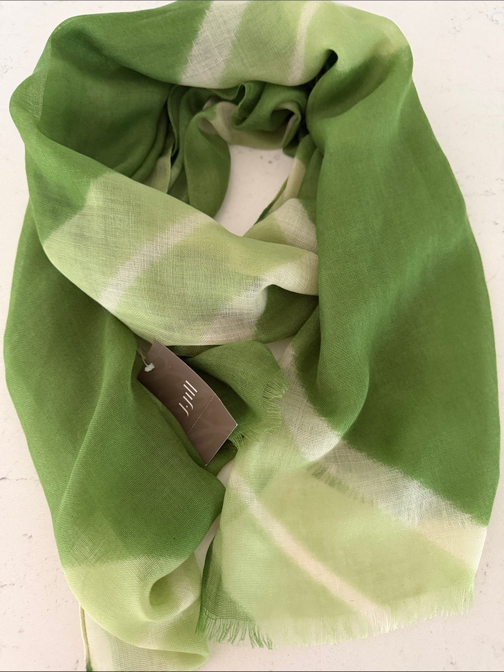 J. Jill Green and Cream Diagonal Stripe Scarf 100% Wool very thin